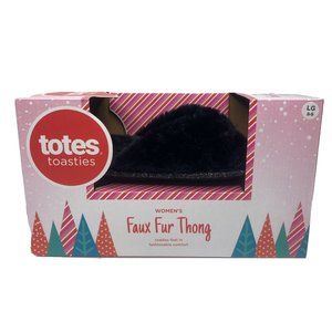 Totes Toasties Women' s Faux Fur Thong Slippers  Color Black  Size LG ( 8-9 )